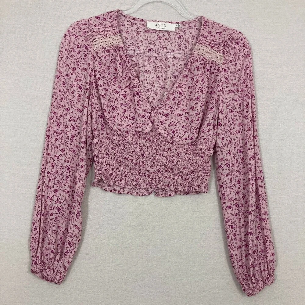 ASTR Purple Ditsy Floral Lace Mock Detail Puff Sleeve Crop Top Small‎
